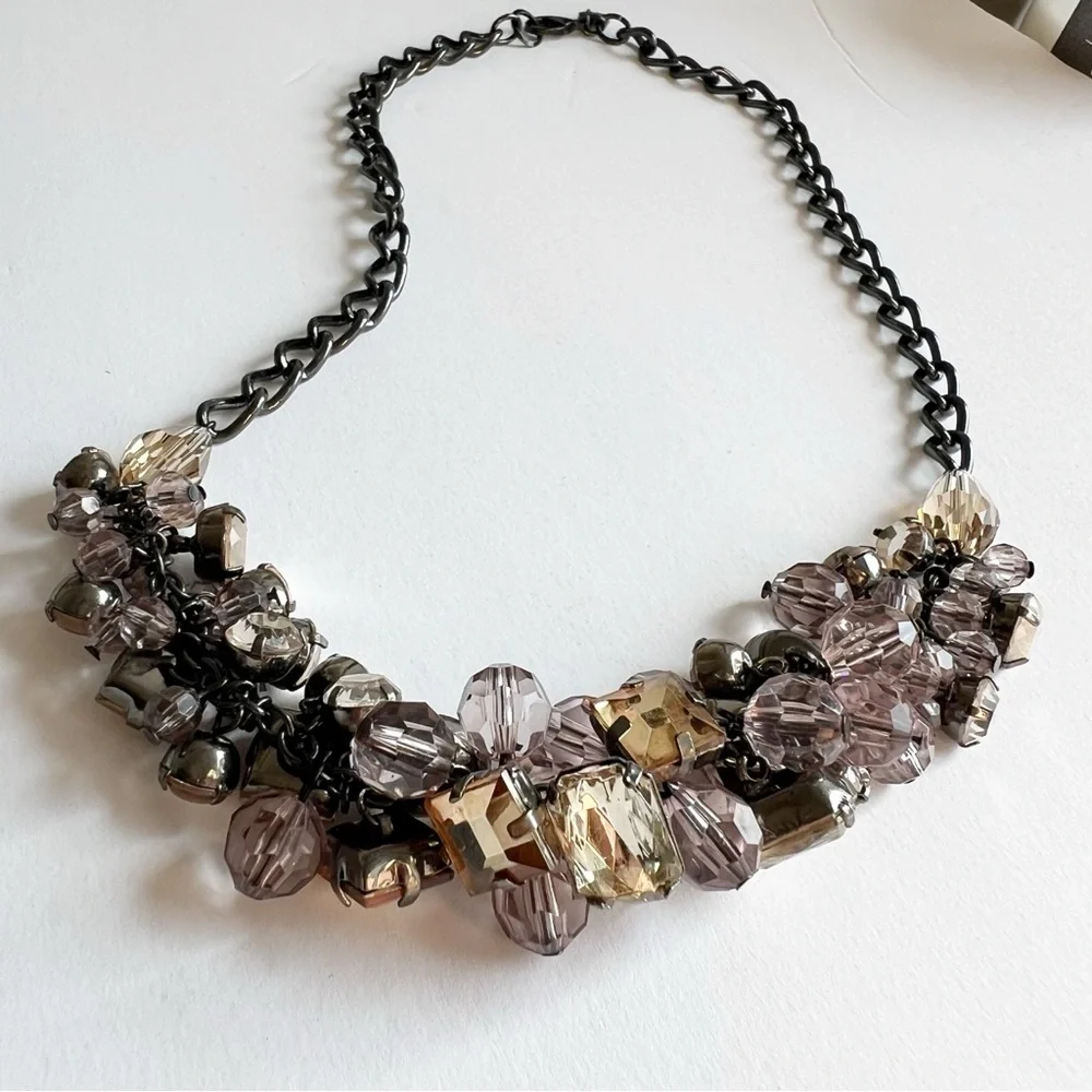 Loft multicolor beaded statement‎ necklace gunmetal chain chunky gemstones